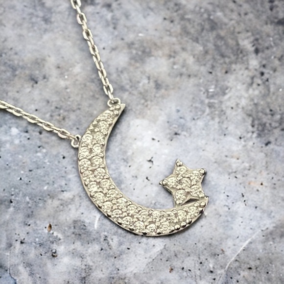 925 Sterling Silver Sparkling CZ moon with Star Necklace Charm Pendant celestial - Picture 3 of 5